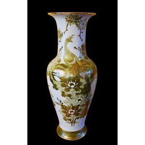 Vintage Large Japanese Kutani Ware Peacock Vase Sage Green and Gold